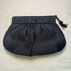 Vintage Black Beaded Satin Pouchette Evening Clutch